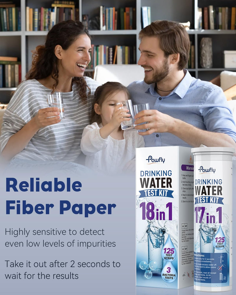 Pawfly 18 in 1 Drinking Water Test Kit, 125 Strips for Tap Water Well Swimming Pool Aquarium Spa, Home Water Quality Test Strips for pH Hardness Chlorine Lead Iron Copper Nitrate Fluoride & More 18 in 1 Water Test Kit