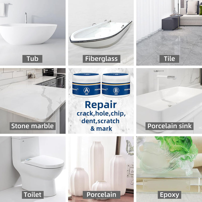 Tub and Fiberglass Shower Repair Kit White, Porcelain Tile Repair Kit | Porcelain Sink and Acrylic Bathtub Repair Kit for Cracks Chips Dents Holes Almond/Biscuit/Bone 3.7oz