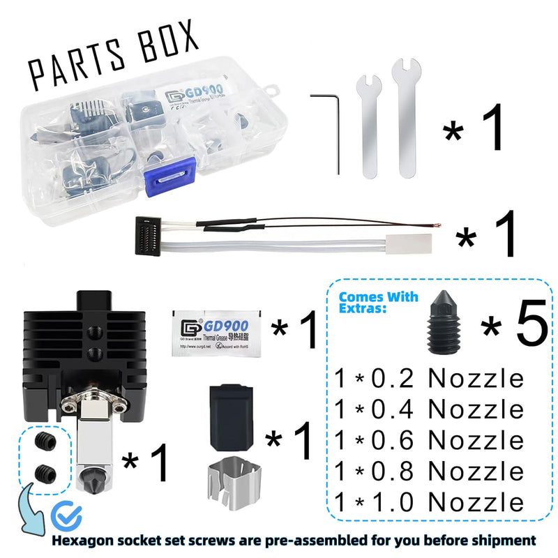 Hotend P1P/P1S Assembly with Standby Nozzles Compatible with Bambu Lab P1P/P1S Series 3D Printers, 5 PCS Hardened Steel Nozzles (0.2, 0.4, 0.6, 0.8,1.0mm) with DIY Tools and A Parts Box... P Serial Hotend Kit