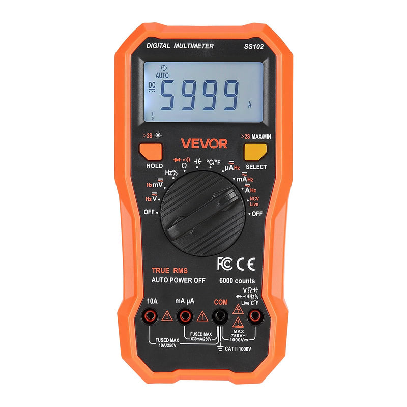 [Australia - AusPower] - VEVOR Digital Multimeter, 6000-Count TRMS DC/AC Voltmeter Current Tester, Professional NCV Multimeter for Current Voltage Resistance Capacitance Duty-Cycle Tempetature Diodes Continuity Live Wire Test 