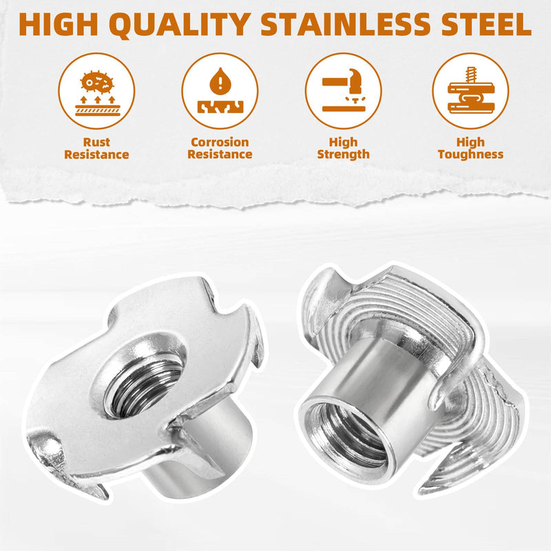 [Australia - AusPower] - 1/4"-20 Stainless Steel T-Nuts Durable Anti-Corrosion Threaded Inserts Tee Nut Four Prongs Nut for Wood and Furniture, 50 PCS 1/4"-20 x 3/8" 304 Stainless Steel 