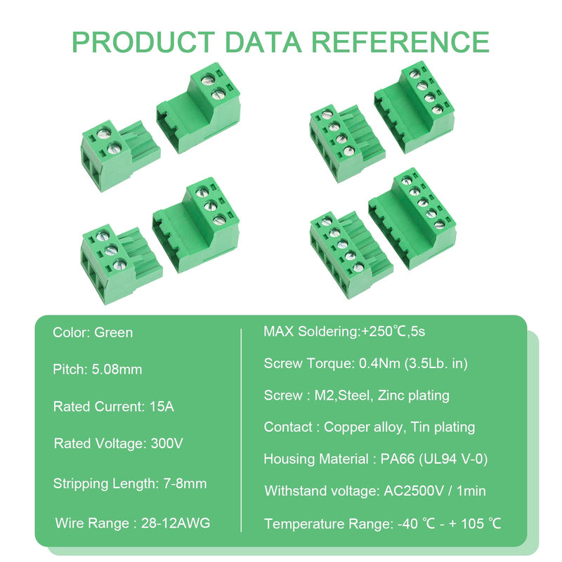 [Australia - AusPower] - 25Set 5.08mm Pitch Screw Terminal Block Connector Pluggable (2Pin 3Pin 4Pin 5Pin), for Phoenix Plug for 28-12AWG Cable 