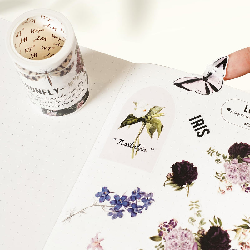 WT Pre-Cut Violet Veil Wide PET Tape, Single Roll, Soft Lilac Blossoms & Misty Backgrounds with Elegant Script, Transparent Decorative Tape for Journaling, Scrapbooking, Planner, DIY Crafts, 65mm x 5m WT Pre-Cut Violet Veil Wide PET Tape