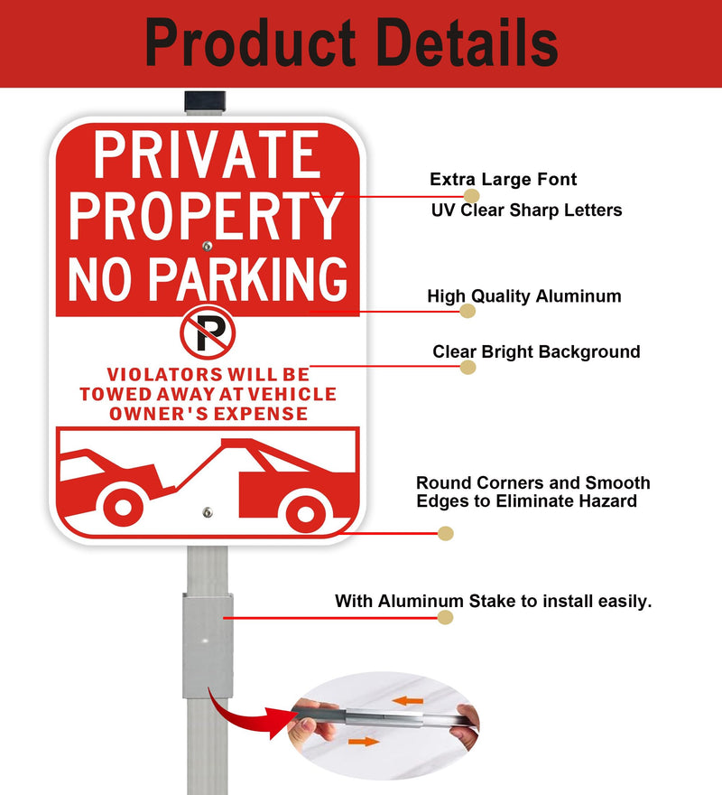 2Pack Private Property No Parking Signs with 36" Stake, Violators Will Be Towed Away at Vehicle Owner's Expense Signs, 14"×10" Reflective Aluminum Sign, Fade Resistant, Including Screws