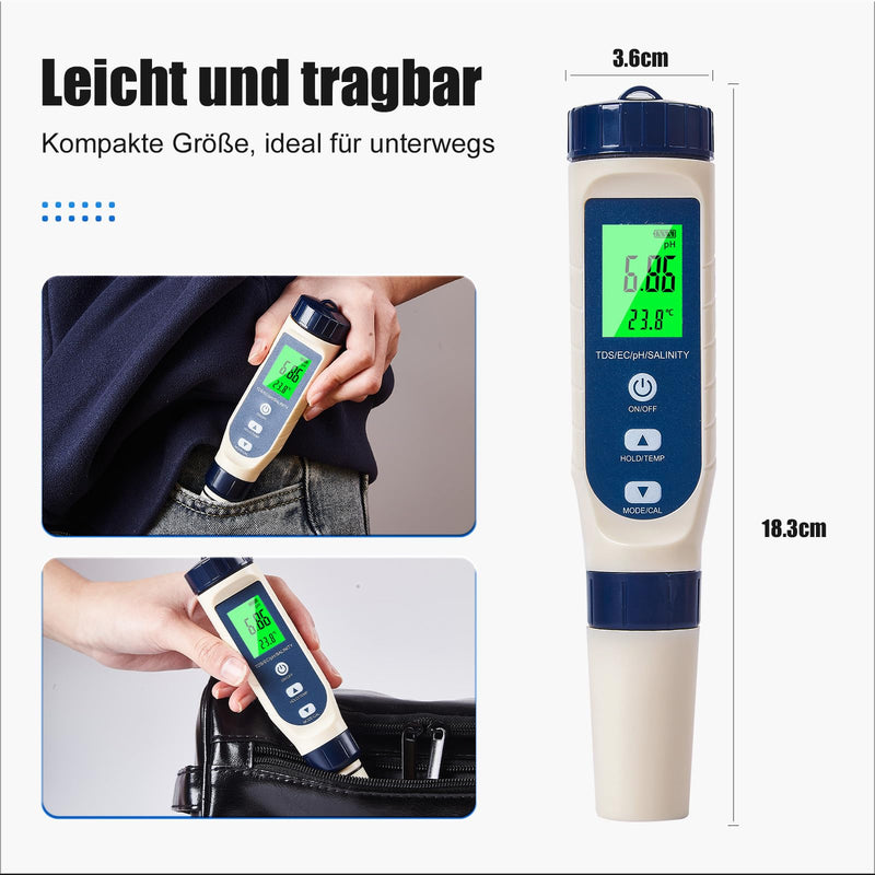 [Australia - AusPower] - Pious PH Meter Water, Ph/Salt Content/EC/TDS/Temperature Multifunction PH Meter, Automatic Temperature Compensation PH Value Meter, Suitable for Drinking Water, Swimming Pool, Hydroponics, Spa Hellblau 