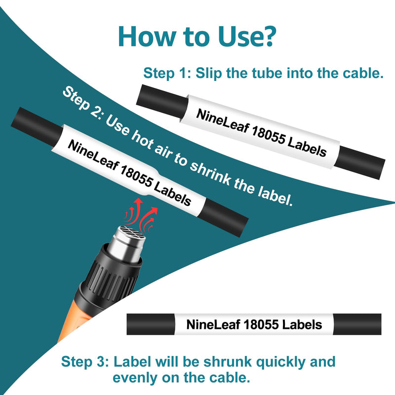 Nineleaf 10 Pack Industrial Heat Shrink Tube 18055 Compatible for DYMO Rhino A18055 12mm 1/2" Black on White Industrial Wire Label Tape for Rhino Pro 3000 4200 5000 5200 6000 3M Label Maker 1/2 Inch