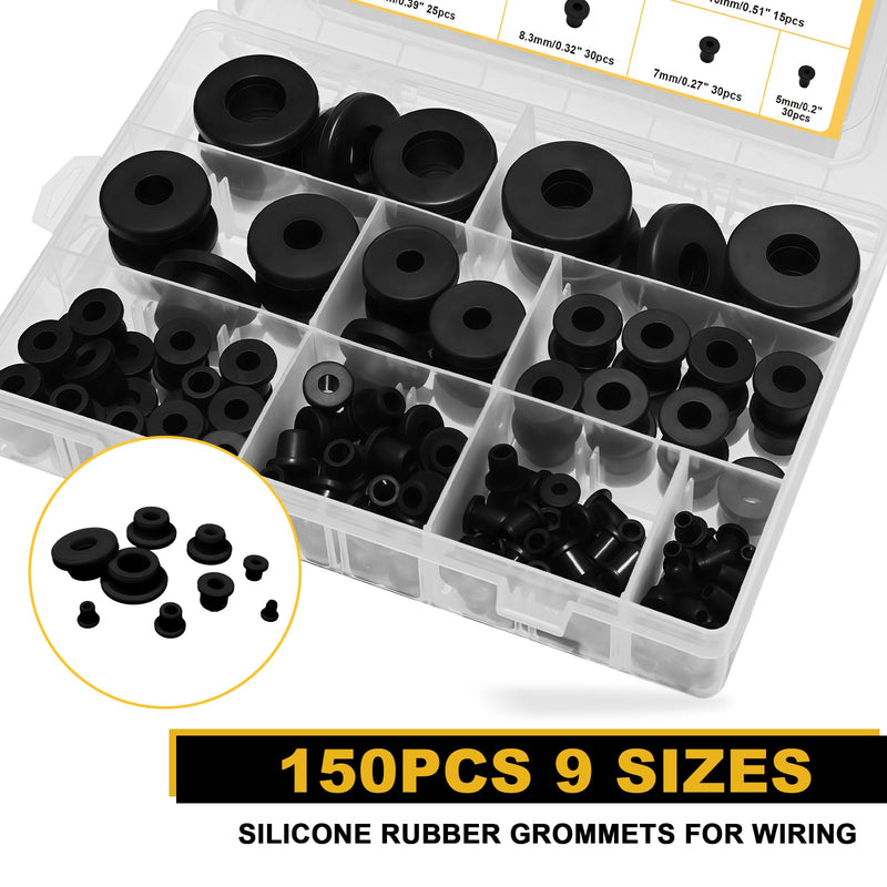 150PCS Silicone Rubber Grommets Kit, 9 Size Black Round Hole Rubber Wire Grommets for Wiring Automotive Rubber Cable Bushing Firewall Hole Plug, Drain Holes in Hydroponic and Irrigation Systems