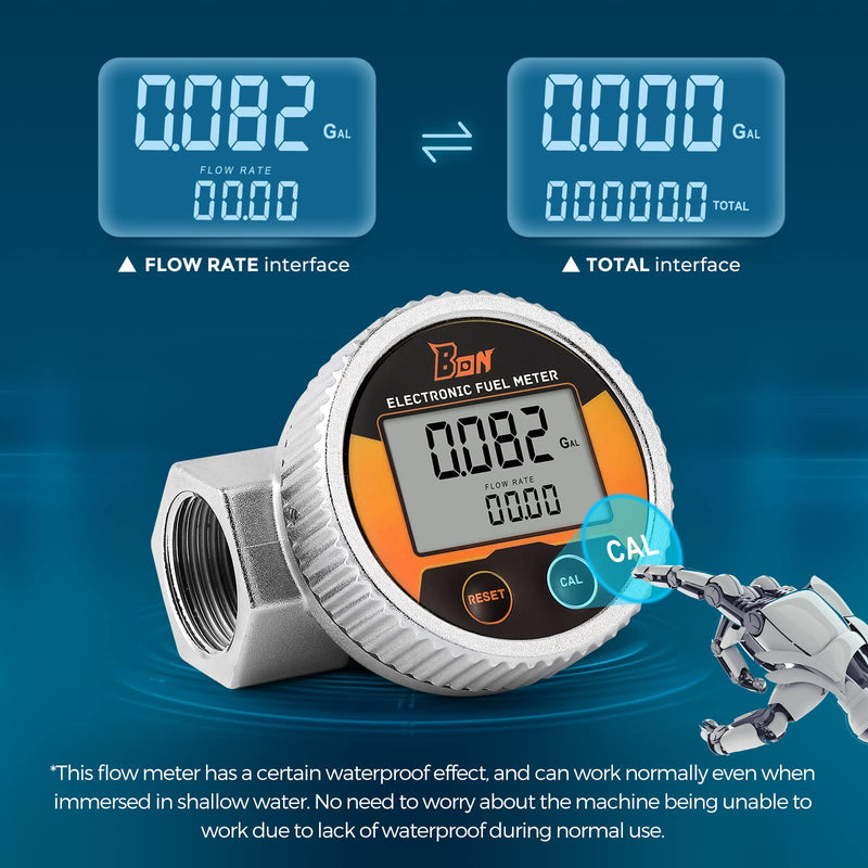 Bonvoisin Turbine Flow Meter Waterproof 3/4 inch NPT Thread Fuel Flowmeter ±1% Accuracy LCD Display Flow Meter for Diesel Kerosene Gasoline 2-26.4 GPM