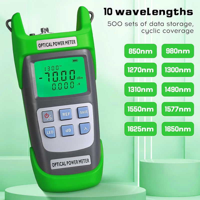 [Australia - AusPower] - Fiber Optical Power Meter with SC FC Connector, -70~10dBm, 10 Optic Wave Length, Optic Test Equipment for CCTV Communication Engineering (Green) Green 1 