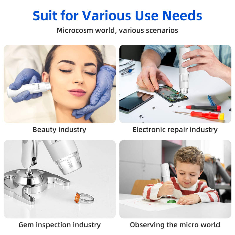 Wireless Digital Microscope 50X-1000X Handheld Portable Mini WiFi USB Microscope Camera with 8 LED Lights for iPhone/iPad/Smartphone/Tablet/PC- White Bright white