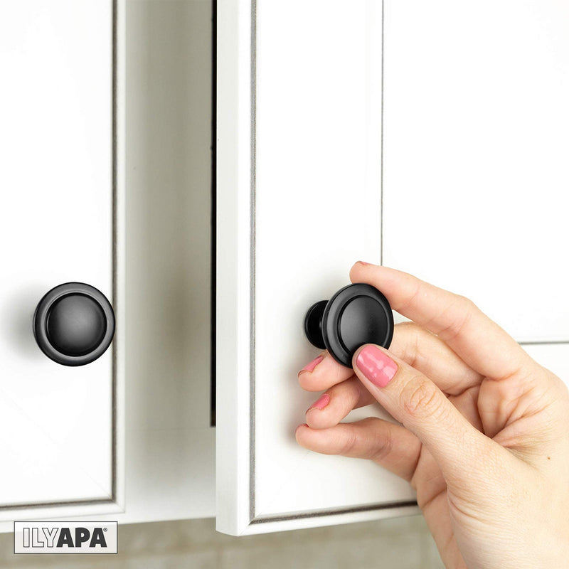 Ilyapa 25 Pack 1 1/4 Inch Round Kitchen Cabinet Knobs, Flat Black Round Drawer Knob for Cabinets Dressers Drawers - Black Kitchen Cabinet Hardware 1 1/4" Wide - 25 Pk Beveled