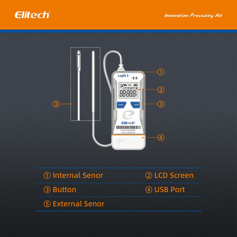 [Australia - AusPower] - Elitech LogEt5TH USB Temperature and Humidity Data Logger, -30°C to 70°C, 32000 Memory Points, Auto PDF/CSV Reports, Compatible with Windows & MacOS, Reusable for Food Cold Chain Temperature -30 ~ 70 °C and humidity 