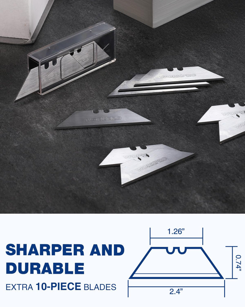 [Australia - AusPower] - WORKPRO Folding Utility Knife Set Quick Change Blade, Back-lock Mechanism 3-piece with 10-piece Extra Blades 