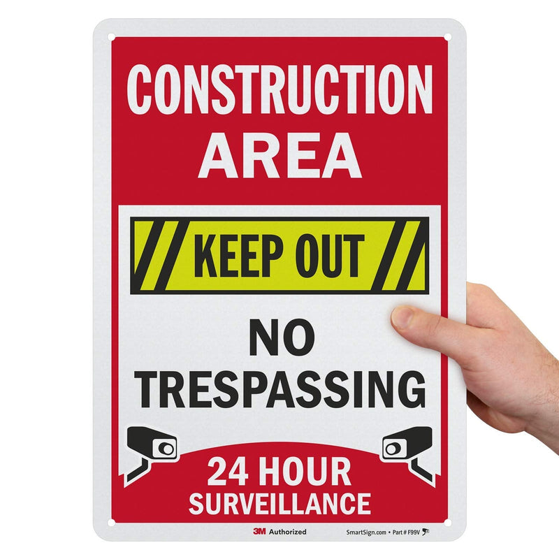 SmartSign “Construction Area - Keep Out, No Trespassing, 24 Hour Surveillance” Sign | 10" x 14" 3M Engineer Grade Reflective Aluminum, Made in USA 10" x 14"