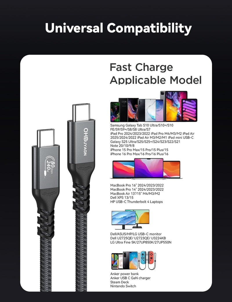 [2 Pack 5FT]80Gbps USB 4 Cable for Long Thunderbolt 4 Cable, 120Gbps Bandwidth for 16K/Dual 8K, 240W Fast Charging USB C Monitor for Thunderbolt 4/3,iPhone 16/15,MacBook Pro/Air,iPad Pro,Dell XPS 5FT-2Pack