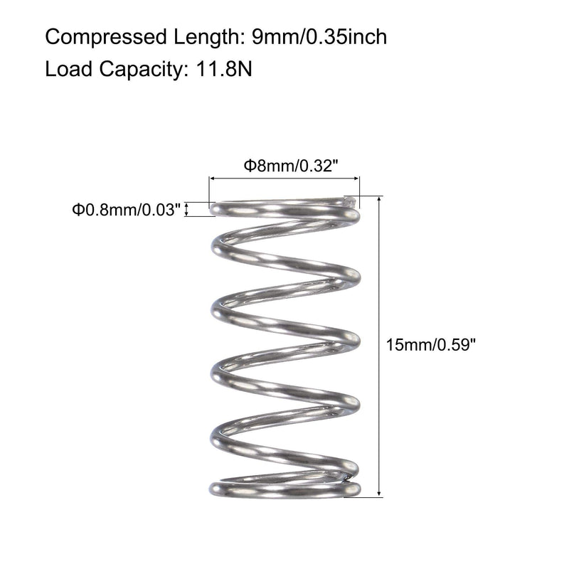[Australia - AusPower] - uxcell Compression Spring,304 Stainless Steel,8mm OD,0.8mm Wire Size,9mm Compressed Length,15mm Free Length,11.8N Load Capacity for Home Projects, Silver Tone,10pcs 15mm 