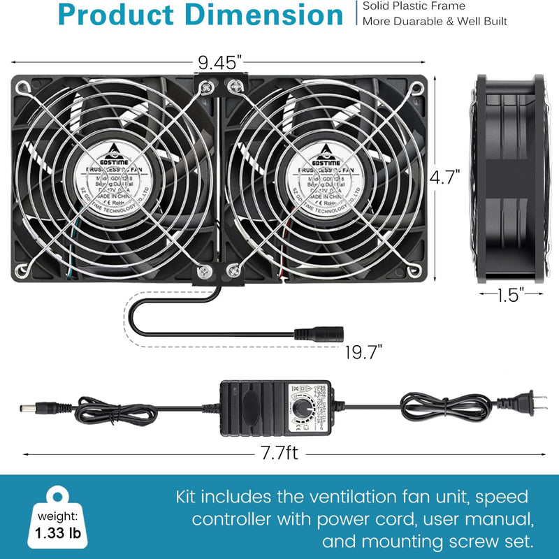 GDSTIME Dual 120mm x 38mm Computer Fan with AC Plug, AC 110V-240V Variable Speed Fan 240mm for DIY Cooling Mining Rig Server Case Grow Rack AV Cabinets Room to Room Basement Garage Ventilation Exhaust 2* 120x38mm fan