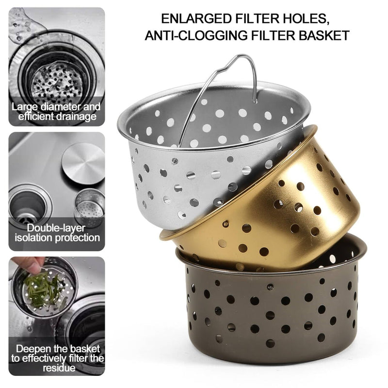 3 1/2" Kitchen Sink Drain Kit Replacement Sink Drain Assembly Removable 304 Stainless Steel Deepen Sink Strainer Basket with Sealing Cover for Kitchen Laundry Room RV(Gold) Gold
