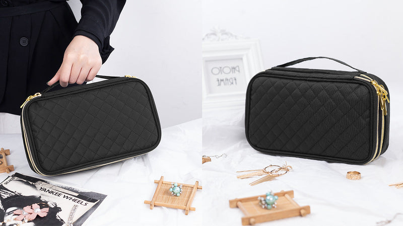 Black Teamoy travel jewelry case organizer with multiple compartments for necklaces, rings, and earrings in a compact jewelry roll.