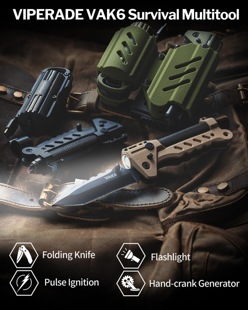 VIPERADE VAK6 Survival Multitool with Folding Knife, LED Flashlight, Pulse Ignition and Hand Crank Generator, Camping Multitool Knife Rechargeable Flashlight with Belt Sheath Black