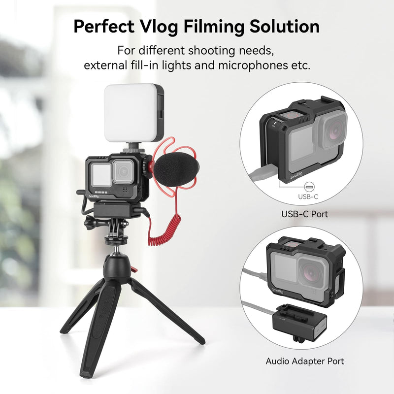 [Australia - AusPower] - SmallRig Hero12 / Hero11 / Hero 10 / Hero 9 Black Cage for GoPro, with 2 Cold Shoe Mount for GoPro Light Mod and Common Microphone, Led Video Light - 3083C 