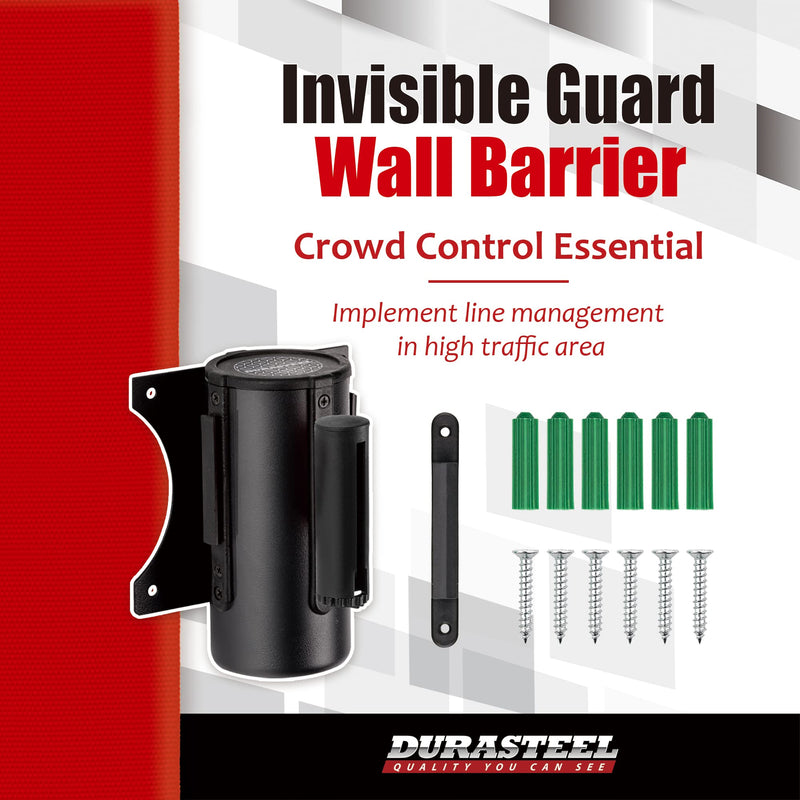 DuraSteel Wall Mount Retractable Belt Barrier - 9.2 Ft Red Safety Belt in Sturdy Black Casing - Guardian 1.0 Indoor & Outdoor Do Not Cross Caution Tape for Crowd Control Queue Barrier, Line Divider Black Body Red Belt