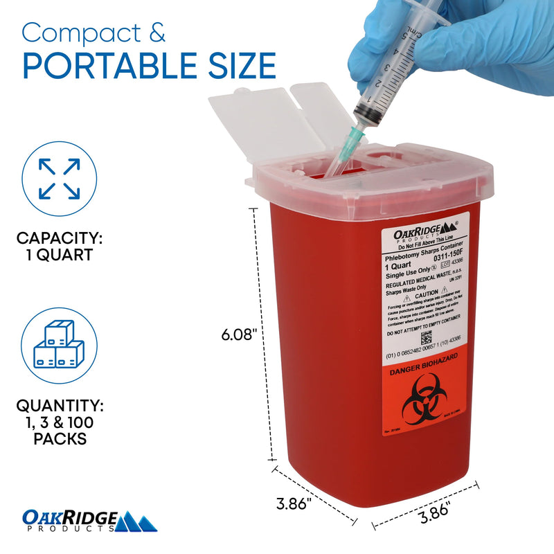 [Australia - AusPower] - Oakridge Products Sharps Container for Home Use and Professional 1 Quart (1-Pack), Biohazard Needle and Syringe Disposal, Flip-up Lid with Integrated Needle Inwinder, CDC Certified 