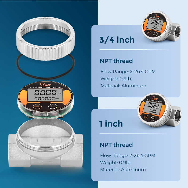 Bonvoisin Turbine Flow Meter Waterproof 3/4 inch NPT Thread Fuel Flowmeter ±1% Accuracy LCD Display Flow Meter for Diesel Kerosene Gasoline 2-26.4 GPM