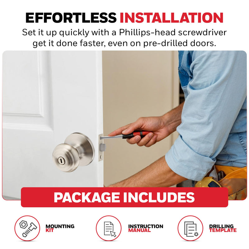 Honeywell Safes & Door Locks - Bedroom Door Knob with Lock and Key - Locking Interior Door Knobs Ideal for Closet, Room & Bathroom Requires Privacy - 5.25" L x 2.75" W Inches - Satin Nickel - 8101302