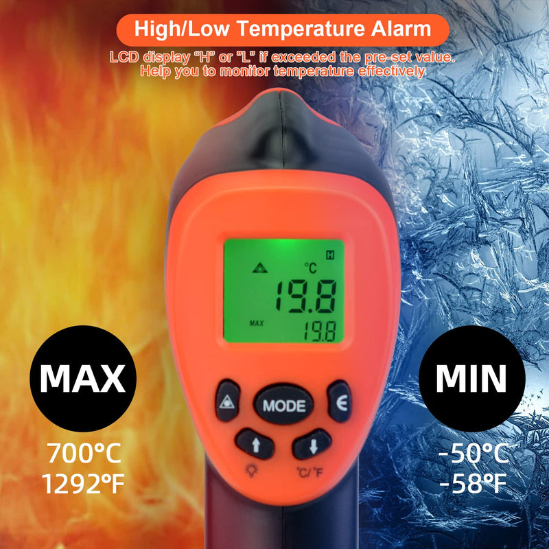 [Australia - AusPower] - Digital Infrared IR Thermometer Laser -50°C ~ 700°C, Kethvoz Contactless Temperature Meter with Temperature Alarm, Adjustable Emissivity for Kitchen/Cooking/Sugar/Industrial Infrared Temperature Gun 