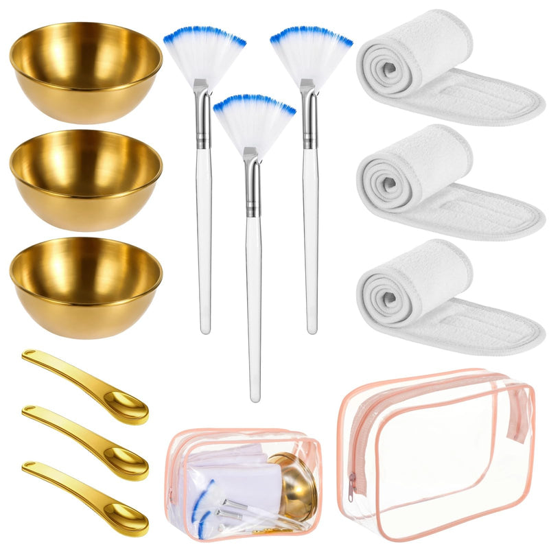 [Australia - AusPower] - 13 PCS Esthetician Supplies Set, Stainless Steel Golden Mixing Bowls Spoons, Facial Fan Brushes, Nylon Fastener Headbands, Portable Waterproof Bag for Spa Salon Travel 