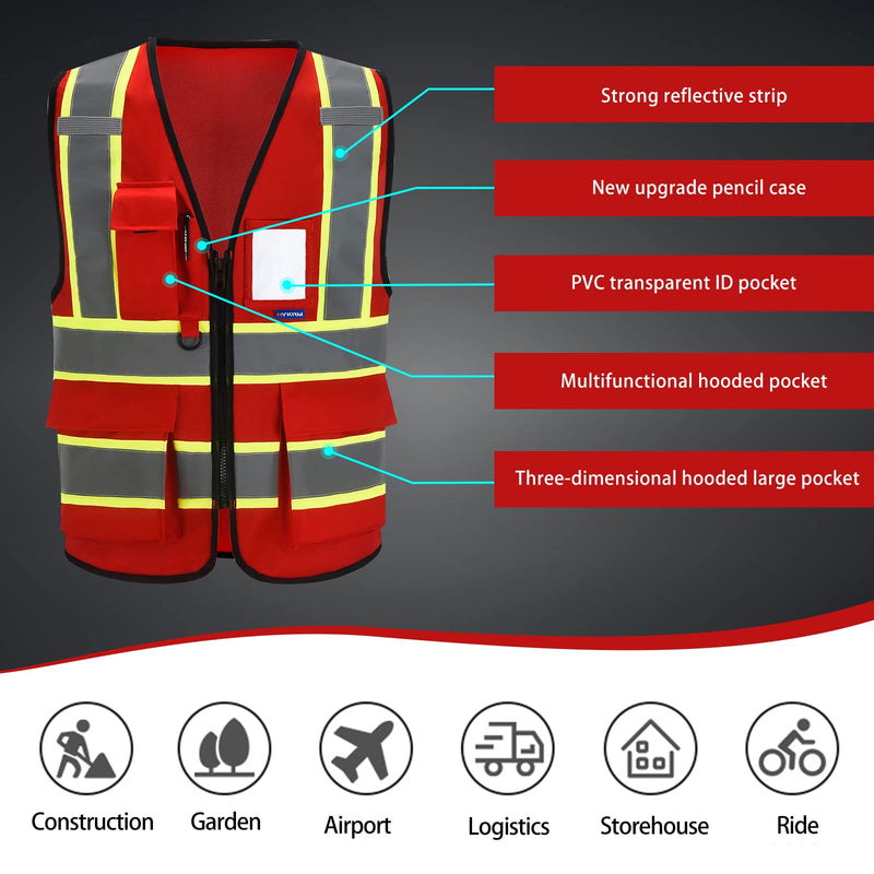 AYKRM Security Vest for Men Women 7 Pockets High Visibility Reflective Safety Vest Front Zipper Meets ANSI/ISEA Red-emt 8X-Large
