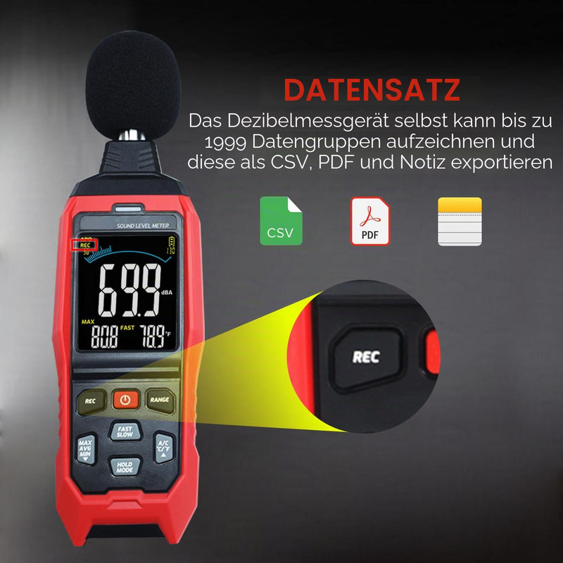 Decibel Meter with Data Logging Sound Decibel Meter Data Logger 30~130dB Sound Level Meter with Acoustic Visual Alarm, Sound Meter with Export Data, PC Connection