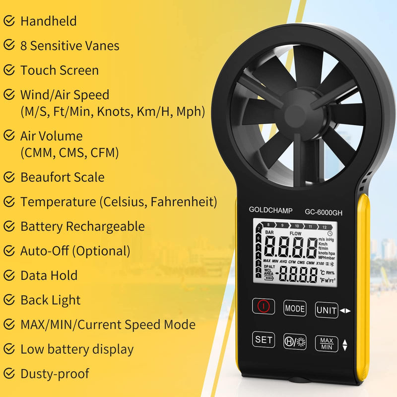 Digital Anemometer, CFM Rechargeable & Waterproof Anemometer Measures Wind Speed (0.3~30 m/s), Air Volume (0-999900 ft3/min) Touch Screen, Backlight Display for HVAC, Shooting
