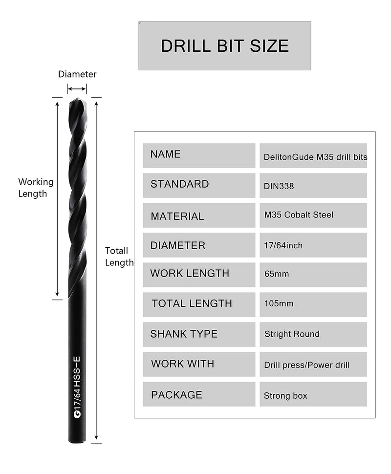 [Australia - AusPower] - 17/64"inch HSS M35 Cobalt Twist Drill Bit,High Speed Steel,Pack of 5,Suitable for Steels,Cast Iron,Stainless Steel,Copper and Other Hard Metals?17/64inch? 17/64inch 