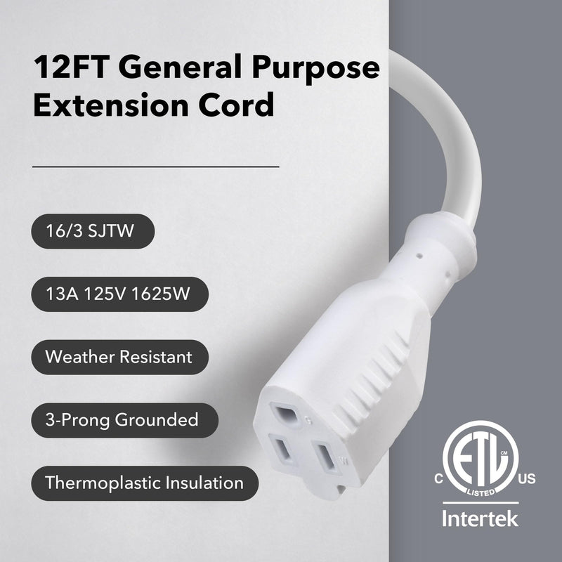 [Australia - AusPower] - BN-LINK 12ft Outdoor Extension Cord, 3-Prong, 16 Gauge General Purpose Power Cord, Grounded Plug, White, for Landscaping & Holiday Decorations, Home & Office, 13A ETL 