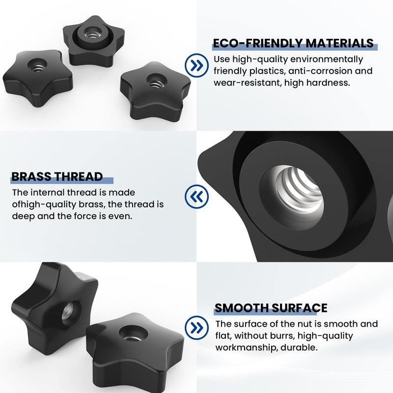 [Australia - AusPower] - 3/8-16 Thread Knob Nut, 6 Pack 3/8 Star Shape Hand Tighten Clamping Knobs Black Screw-On Nuts 3/8-16 