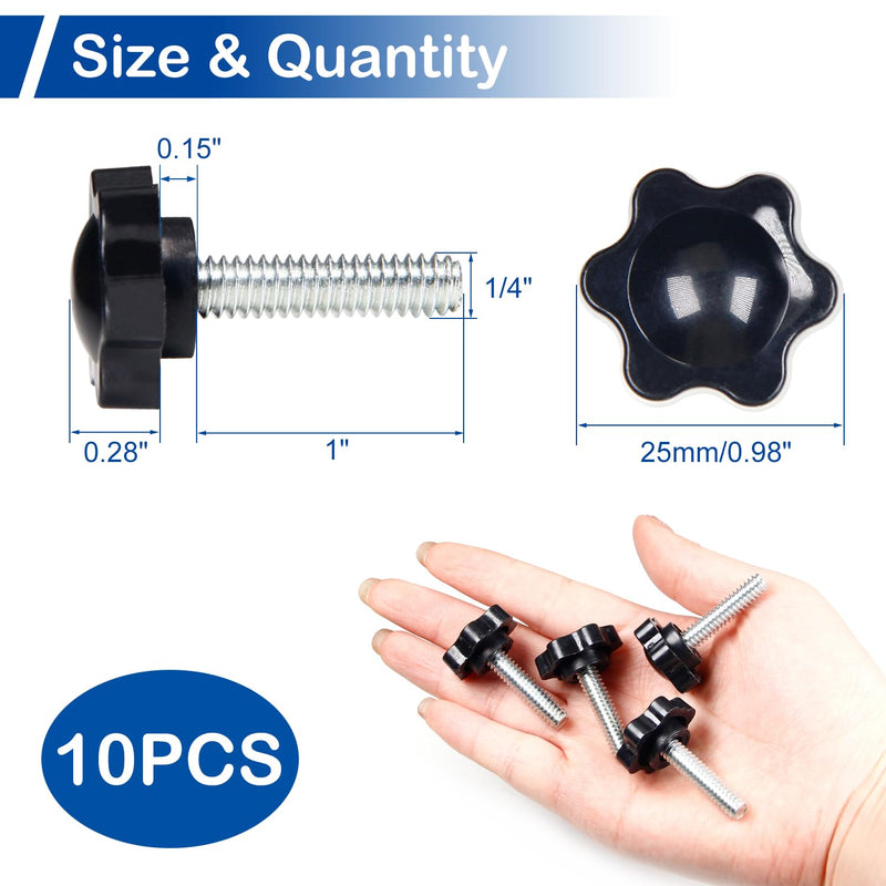 [Australia - AusPower] - MroMax 10Pcs 1/4"-20 x 1 Threaded Knurled Thumb Nuts, Black Plastic Knobs Clamping Screws, Grip Knob Screw for Replacing Umbrella Base 1/4" x 1" 