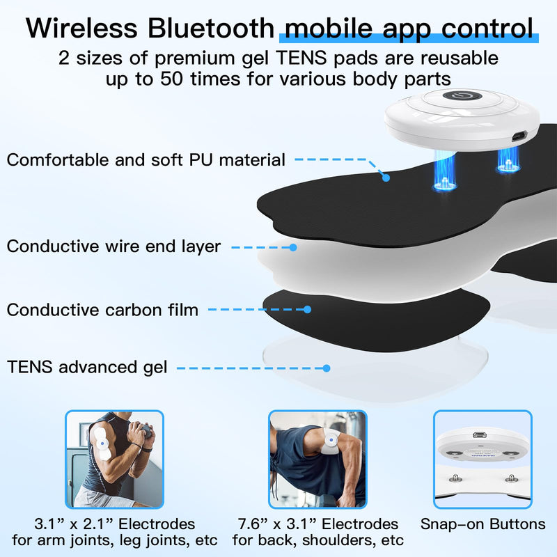 [Australia - AusPower] - Wireless TENS & EMS Unit Back Pain Relief Massager - APP Controlled Bluetooth EMS Muscle Stimulator Machine for Back Shoulder Leg Neck Pain Relief (Black) Black 