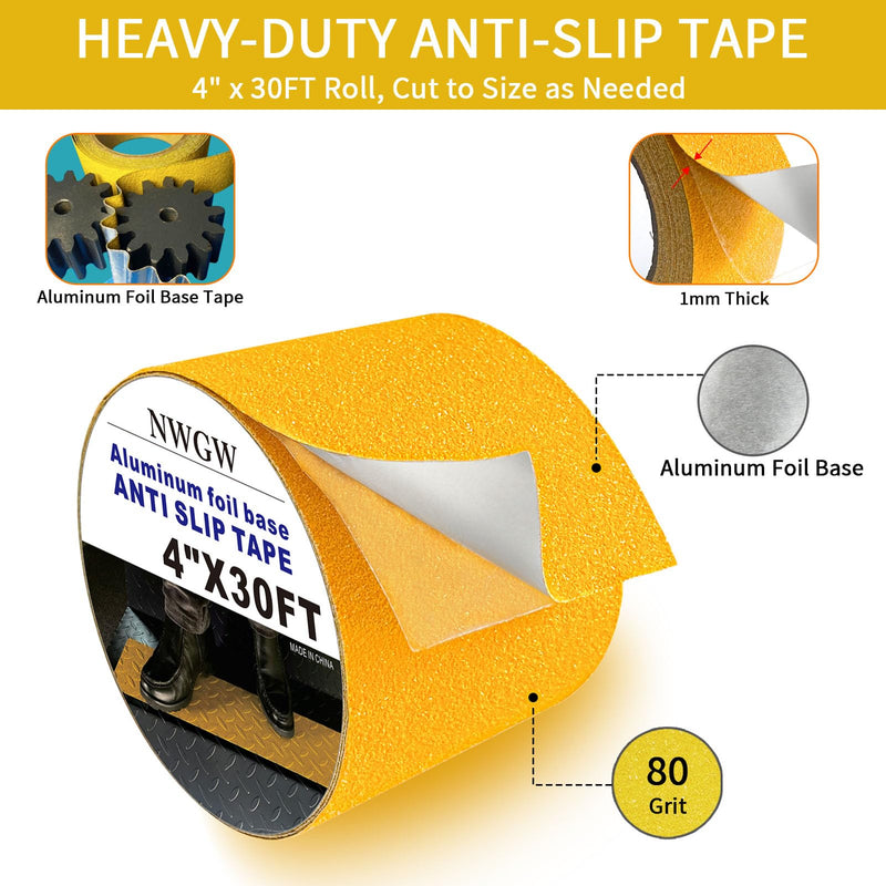 Heavy Duty Aluminum Foil Anti-Slip Tape 4" x30FT Yellow - Industrial Safety Grip for Warehouse Stairs, Pool Decks & High-Traffic Walkways - Waterproof Traction Tape 4 IN