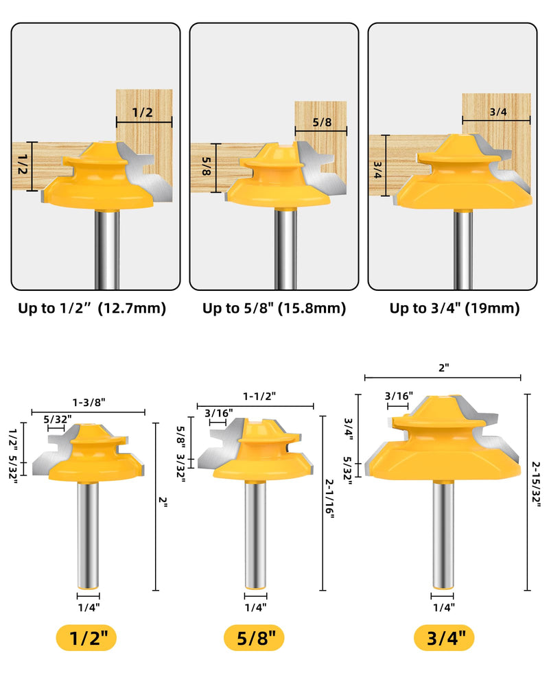 Router Bits, Allmake 3pcs Lock Miter Router Bits 1/4 Shank, 45 Degree Locking Miter Joint Router Bit Set for Woodworking Cabinetry Drawers Shadow Boxes, Work with Stock from 1/2" to 3/4" Thick