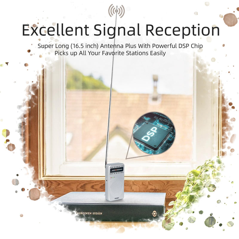 [Australia - AusPower] - PRUNUS J-166 Portable Radio AM FM, Battery Operated Radio with Tuning Light, Back Clip, Excellent Reception for Indoor & Outdoor & Emergency Radio, AM FM Radio Portable, Transistor Radio Silver 