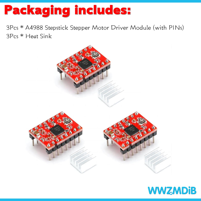 [Australia - AusPower] - A4988 Stepper Motor Drive with Heat Sink for Arduino, 3D Printer, CNC Machine or Robotics (3Pcs A4988) 3pcs A4988 