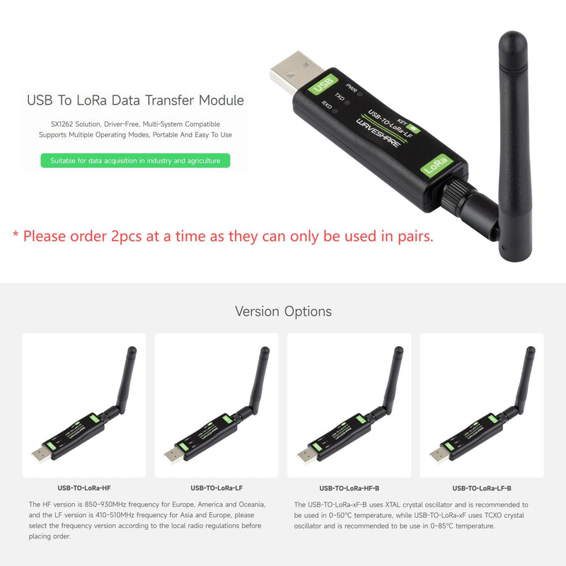 Waveshare USB to LoRa Data Transfer Module, Based On SX1262, Suitable for Data Acquisition in Industry and Agriculture, TCXO crystal oscillator, 850 ~ 930 MHz frequency for Europe, America and Oceania