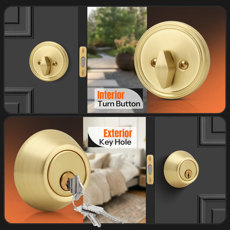 Single Cylinder Deadbolt, Keyed Front Door Lock, Satin Brass | Keyed exterior deadbolt with thumb turn, adjustable latch, standard door fit, satin brass finish