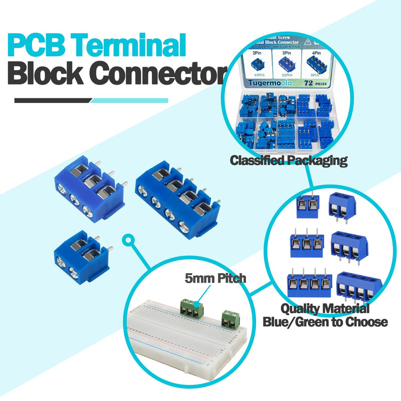 [Australia - AusPower] - 72PCS 5mm/0.2inch Pitch PCB Mount Screw Terminal Block Connector 2Pin 3Pin 4Pin Circuit Board Connectors PCB Wiring Terminals Blue 