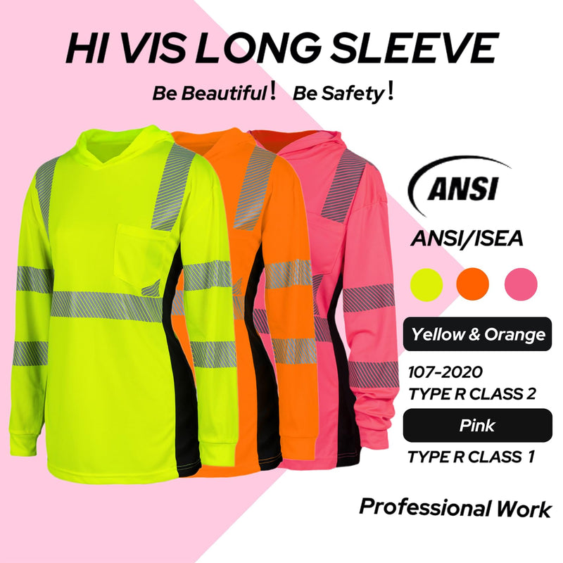 Safety Reflective Shirts for Women ANSI Class 2 Hi Vis Long Sleeve High Visibility Work T Shirts with Hood X-Large Yellow