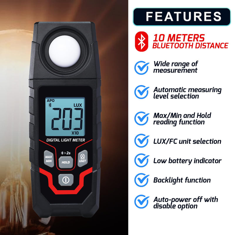 [Australia - AusPower] - Light Meter Wireless Lux Meter, 0.1~200,000 Lux Range Light Meter for Plants, Bluetooth Lux Meter Light Meter App Connection, Data Logging and Export, Backlight LCD Display for Plants, Photography 