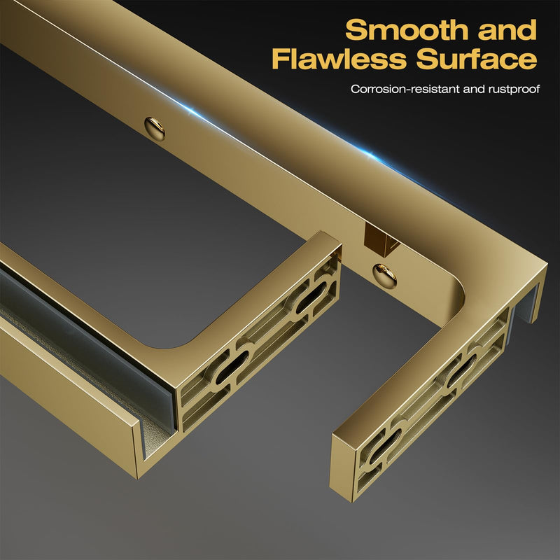 Ranbo Sleeve-Over Shower Panel Support Bracket, Left Side Installation | 304 stainless steel, fits 1/4" - 1/2" (6-12 mm) thick glass, mirror gold, no glass drilling Left Side Glass Polished Gold