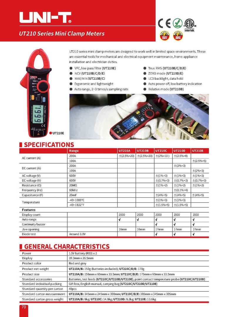 [Australia - AusPower] - UNI-T UT210B Clamp Meter Digital Pliers Ammeter Voltmeter Professional Electrician Tester Multimeter 